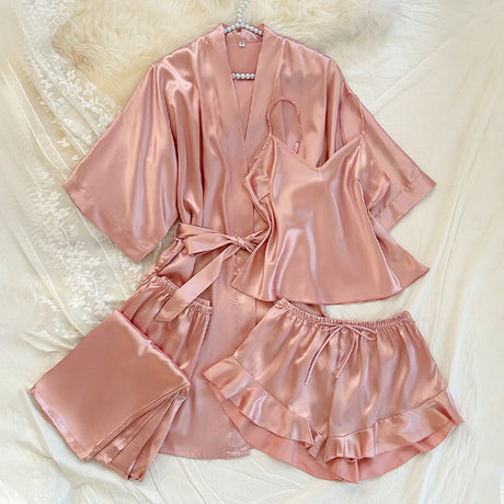 Women's 4-Piece Satin Pajama Set V-Neck Nightgown in Solid Color Sexy and Stylish Breathable