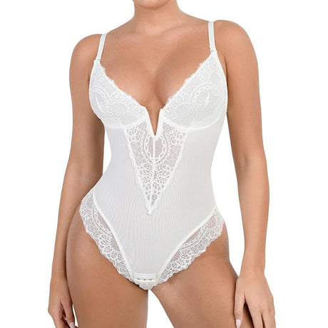 Women's Lace Bodysuit, V-Neck Sleeveless Backless Tummy Control Corset Top, Thong Style