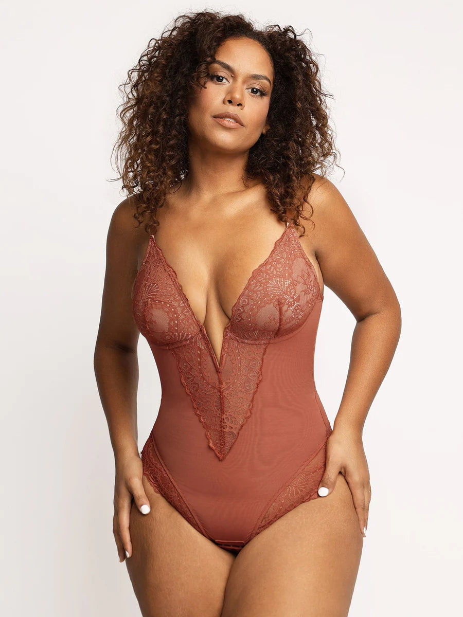 Women's Lace Bodysuit, V-Neck Sleeveless Backless Tummy Control Corset Top, Thong Style