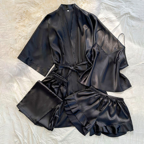 Women's 4-Piece Satin Pajama Set V-Neck Nightgown in Solid Color Sexy and Stylish Breathable