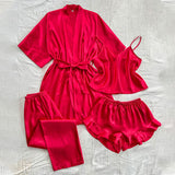 Women's 4-Piece Satin Pajama Set V-Neck Nightgown in Solid Color Sexy and Stylish Breathable
