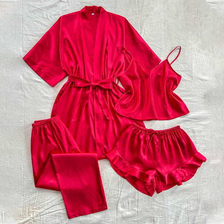 Women's 4-Piece Satin Pajama Set V-Neck Nightgown in Solid Color Sexy and Stylish Breathable