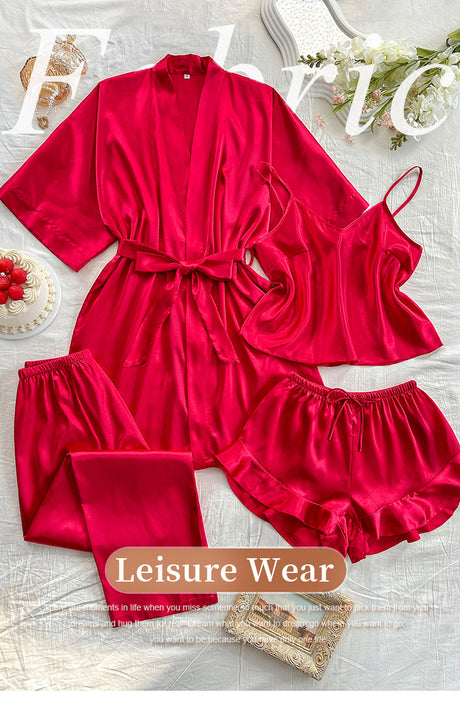 Women's 4-Piece Satin Pajama Set V-Neck Nightgown in Solid Color Sexy and Stylish Breathable
