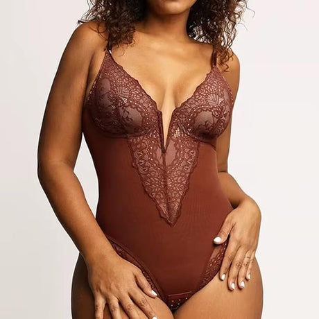 Women's Lace Bodysuit, V-Neck Sleeveless Backless Tummy Control Corset Top, Thong Style