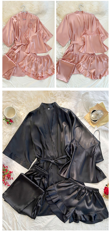 Women's 4-Piece Satin Pajama Set V-Neck Nightgown in Solid Color Sexy and Stylish Breathable