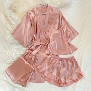 Women's 4-Piece Satin Pajama Set V-Neck Nightgown in Solid Color Sexy and Stylish Breathable
