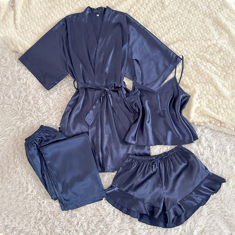 Women's 4-Piece Satin Pajama Set V-Neck Nightgown in Solid Color Sexy and Stylish Breathable