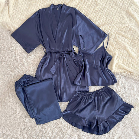 Women's 4-Piece Satin Pajama Set V-Neck Nightgown in Solid Color Sexy and Stylish Breathable