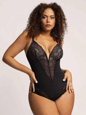 Women's Lace Bodysuit, V-Neck Sleeveless Backless Tummy Control Corset Top, Thong Style
