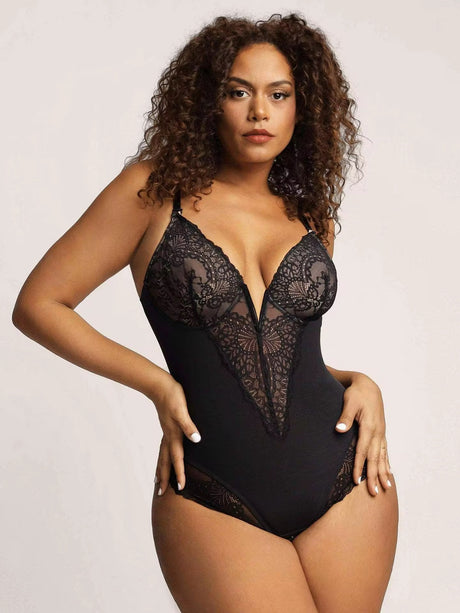 Women's Lace Bodysuit, V-Neck Sleeveless Backless Tummy Control Corset Top, Thong Style