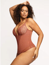 Women's Lace Bodysuit, V-Neck Sleeveless Backless Tummy Control Corset Top, Thong Style