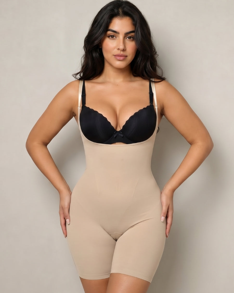 Women's Seamless Tummy Control Bodysuit Shaper, Mid-Thigh Coverage (Beige, Medium)