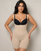 Women's Seamless Tummy Control Bodysuit Shaper, Mid-Thigh Coverage (Beige, Medium)