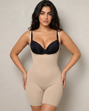 Women's Seamless Tummy Control Bodysuit Shaper, Mid-Thigh Coverage (Beige, Medium)