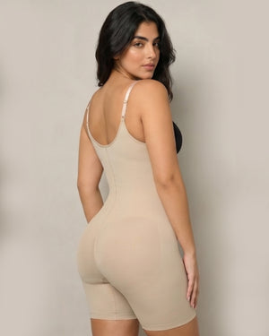 Women's Seamless Tummy Control Bodysuit Shaper, Mid-Thigh Coverage (Beige, Medium)