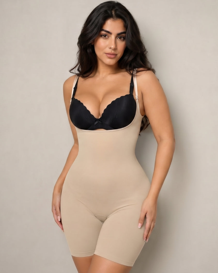 Women's Seamless Tummy Control Bodysuit Shaper, Mid-Thigh Coverage (Beige, Medium)